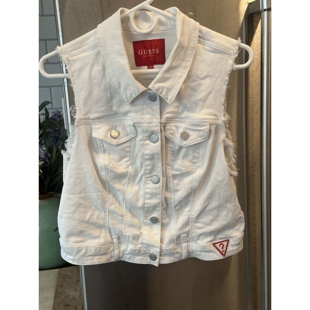 Y2K Guess Croped White Distressed Denim Vest XL Streetwear Layering Denim Top